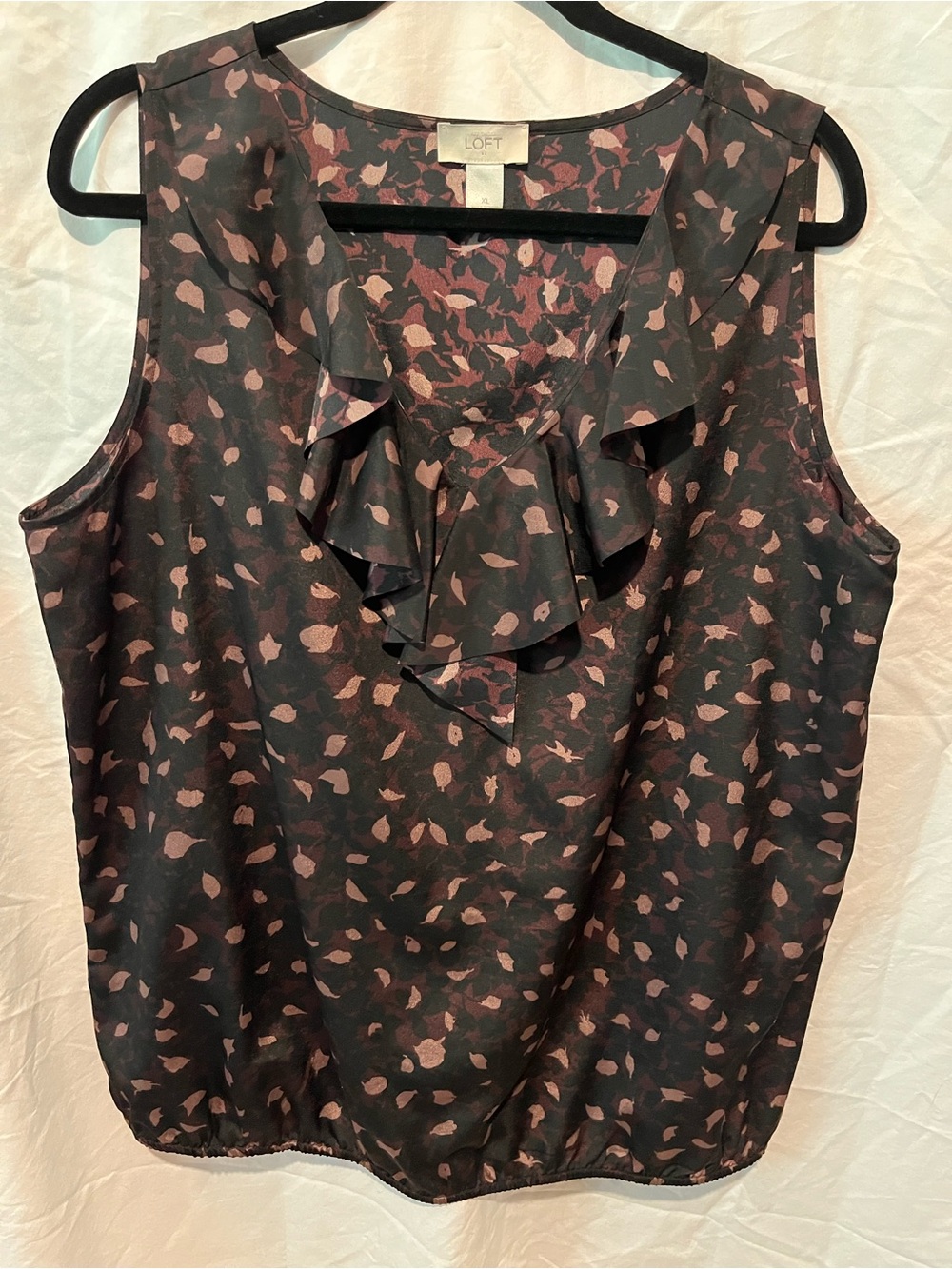 LOFT Black Sleeveless Ruffle-Neck Camisole with Pink Leaf Print